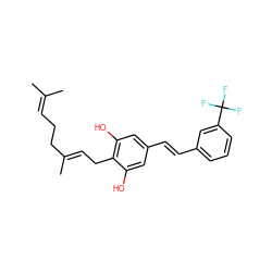 CC(C)=CCC/C(C)=C/Cc1c(O)cc(/C=C/c2cccc(C(F)(F)F)c2)cc1O ZINC000084669949