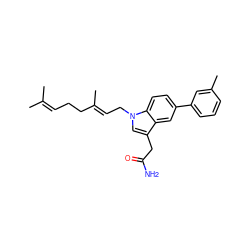 CC(C)=CCC/C(C)=C/Cn1cc(CC(N)=O)c2cc(-c3cccc(C)c3)ccc21 ZINC000064540746