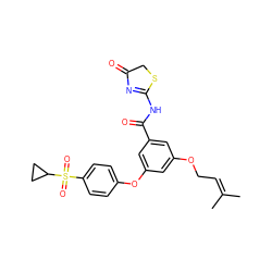 CC(C)=CCOc1cc(Oc2ccc(S(=O)(=O)C3CC3)cc2)cc(C(=O)NC2=NC(=O)CS2)c1 ZINC000084615137