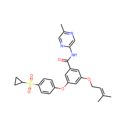 CC(C)=CCOc1cc(Oc2ccc(S(=O)(=O)C3CC3)cc2)cc(C(=O)Nc2cnc(C)cn2)c1 ZINC000084596134