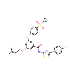 CC(C)=CCOc1cc(Oc2ccc(S(=O)(=O)C3CC3)cc2)cc(C(=O)Nc2nc(-c3ccc(F)cc3)cs2)c1 ZINC000084596126