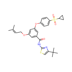 CC(C)=CCOc1cc(Oc2ccc(S(=O)(=O)C3CC3)cc2)cc(C(=O)Nc2nc(C(C)(C)C)cs2)c1 ZINC000084596128