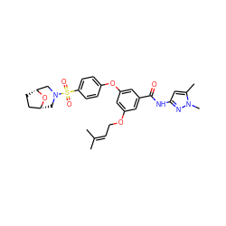 CC(C)=CCOc1cc(Oc2ccc(S(=O)(=O)N3C[C@@H]4CC[C@H](C3)O4)cc2)cc(C(=O)Nc2cc(C)n(C)n2)c1 ZINC000084632510