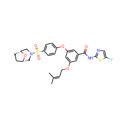 CC(C)=CCOc1cc(Oc2ccc(S(=O)(=O)N3C[C@@H]4CC[C@H](C3)O4)cc2)cc(C(=O)Nc2ncc(F)s2)c1 ZINC000084632375