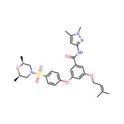 CC(C)=CCOc1cc(Oc2ccc(S(=O)(=O)N3C[C@H](C)O[C@H](C)C3)cc2)cc(C(=O)Nc2cc(C)n(C)n2)c1 ZINC000084632506