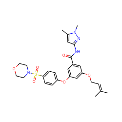 CC(C)=CCOc1cc(Oc2ccc(S(=O)(=O)N3CCOCC3)cc2)cc(C(=O)Nc2cc(C)n(C)n2)c1 ZINC000084635009