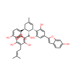 CC(C)=CCc1c(O)ccc(C(=O)[C@H]2[C@@H](c3c(O)cc(-c4cc5ccc(O)cc5o4)cc3O)C=C(C)C[C@@H]2c2ccc(O)cc2O)c1O ZINC000072176260