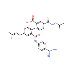 CC(C)=CCc1ccc(-c2ccc(C(=O)NCC(C)C)cc2C(=O)O)c(C(=O)Nc2ccc(C(=N)N)cc2)c1 ZINC000040424612