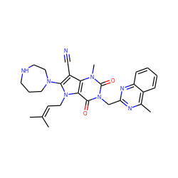 CC(C)=CCn1c(N2CCCNCC2)c(C#N)c2c1c(=O)n(Cc1nc(C)c3ccccc3n1)c(=O)n2C ZINC000073292266