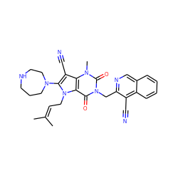 CC(C)=CCn1c(N2CCCNCC2)c(C#N)c2c1c(=O)n(Cc1ncc3ccccc3c1C#N)c(=O)n2C ZINC000073292941