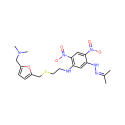 CC(C)=NNc1cc(NCCSCc2ccc(CN(C)C)o2)c([N+](=O)[O-])cc1[N+](=O)[O-] ZINC000013726514