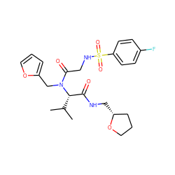 CC(C)[C@@H](C(=O)NC[C@@H]1CCCO1)N(Cc1ccco1)C(=O)CNS(=O)(=O)c1ccc(F)cc1 ZINC000004388435