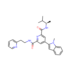 CC(C)[C@@H](C)NC(=O)c1cc(-c2cc3ccccc3n2C)cc(C(=O)NCCc2ccccn2)n1 ZINC000095559348