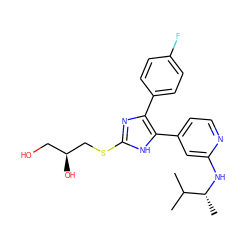 CC(C)[C@@H](C)Nc1cc(-c2[nH]c(SC[C@@H](O)CO)nc2-c2ccc(F)cc2)ccn1 ZINC000040391756