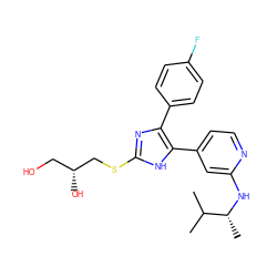 CC(C)[C@@H](C)Nc1cc(-c2[nH]c(SC[C@H](O)CO)nc2-c2ccc(F)cc2)ccn1 ZINC000040861890