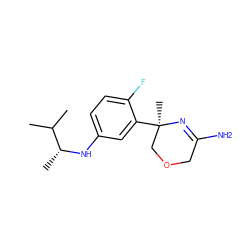 CC(C)[C@@H](C)Nc1ccc(F)c([C@]2(C)COCC(N)=N2)c1 ZINC000143038847