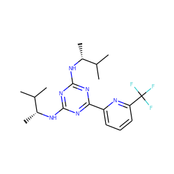 CC(C)[C@@H](C)Nc1nc(N[C@H](C)C(C)C)nc(-c2cccc(C(F)(F)F)n2)n1 ZINC000223123824