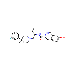 CC(C)[C@@H](CN1CCC(C)(c2cccc(F)c2)CC1)NC(=O)[C@H]1Cc2ccc(O)cc2CN1 ZINC000473117363