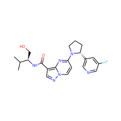 CC(C)[C@@H](CO)NC(=O)c1cnn2ccc(N3CCC[C@@H]3c3cncc(F)c3)nc12 ZINC000165183743