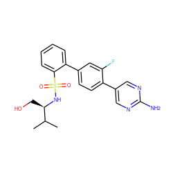 CC(C)[C@@H](CO)NS(=O)(=O)c1ccccc1-c1ccc(-c2cnc(N)nc2)c(F)c1 ZINC000224751260