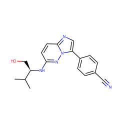 CC(C)[C@@H](CO)Nc1ccc2ncc(-c3ccc(C#N)cc3)n2n1 ZINC000016052699