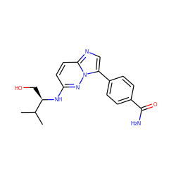 CC(C)[C@@H](CO)Nc1ccc2ncc(-c3ccc(C(N)=O)cc3)n2n1 ZINC000040429732