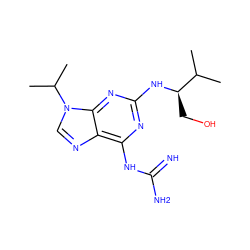 CC(C)[C@@H](CO)Nc1nc(NC(=N)N)c2ncn(C(C)C)c2n1 ZINC000095589256