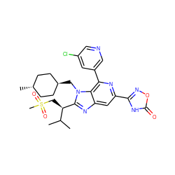 CC(C)[C@@H](CS(C)(=O)=O)c1nc2cc(-c3noc(=O)[nH]3)nc(-c3cncc(Cl)c3)c2n1C[C@H]1CC[C@H](C)CC1 ZINC000261101070