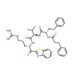 CC(C)[C@@H](NC(=O)[C@H](CCc1ccccc1)NC(=O)CCc1ccccc1)C(=O)N[C@@H](CCCNC(=N)N)C(=O)c1nc2ccccc2s1 ZINC001772647309