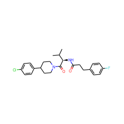 CC(C)[C@@H](NC(=O)CCc1ccc(F)cc1)C(=O)N1CCC(c2ccc(Cl)cc2)CC1 ZINC000095580266