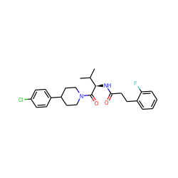 CC(C)[C@@H](NC(=O)CCc1ccccc1F)C(=O)N1CCC(c2ccc(Cl)cc2)CC1 ZINC000095574419