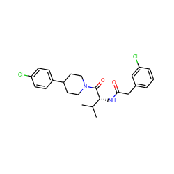 CC(C)[C@@H](NC(=O)Cc1cccc(Cl)c1)C(=O)N1CCC(c2ccc(Cl)cc2)CC1 ZINC000095579930