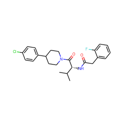 CC(C)[C@@H](NC(=O)Cc1ccccc1F)C(=O)N1CCC(c2ccc(Cl)cc2)CC1 ZINC000095575925