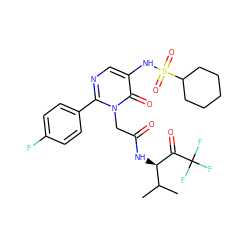 CC(C)[C@@H](NC(=O)Cn1c(-c2ccc(F)cc2)ncc(NS(=O)(=O)C2CCCCC2)c1=O)C(=O)C(F)(F)F ZINC000026015909