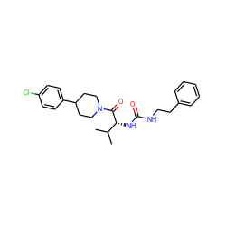 CC(C)[C@@H](NC(=O)NCCc1ccccc1)C(=O)N1CCC(c2ccc(Cl)cc2)CC1 ZINC000095575191