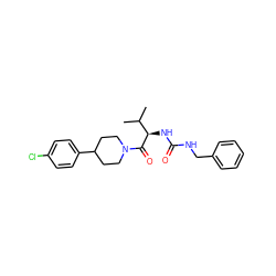 CC(C)[C@@H](NC(=O)NCc1ccccc1)C(=O)N1CCC(c2ccc(Cl)cc2)CC1 ZINC000095574502