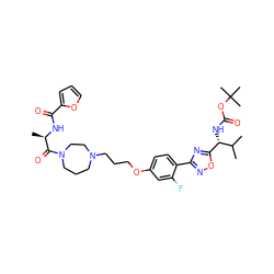 CC(C)[C@@H](NC(=O)OC(C)(C)C)c1nc(-c2ccc(OCCCN3CCCN(C(=O)[C@@H](C)NC(=O)c4ccco4)CC3)cc2F)no1 ZINC000027736777