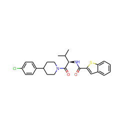 CC(C)[C@@H](NC(=O)c1cc2ccccc2s1)C(=O)N1CCC(c2ccc(Cl)cc2)CC1 ZINC000095576875