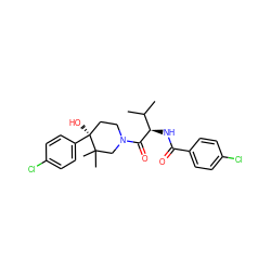 CC(C)[C@@H](NC(=O)c1ccc(Cl)cc1)C(=O)N1CC[C@](O)(c2ccc(Cl)cc2)C(C)(C)C1 ZINC000096272205