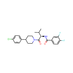 CC(C)[C@@H](NC(=O)c1ccc(F)c(F)c1)C(=O)N1CCC(c2ccc(Cl)cc2)CC1 ZINC000095575872