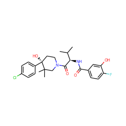 CC(C)[C@@H](NC(=O)c1ccc(F)c(O)c1)C(=O)N1CC[C@](O)(c2ccc(Cl)cc2)C(C)(C)C1 ZINC000096272194