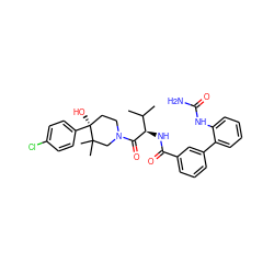 CC(C)[C@@H](NC(=O)c1cccc(-c2ccccc2NC(N)=O)c1)C(=O)N1CC[C@](O)(c2ccc(Cl)cc2)C(C)(C)C1 ZINC000096272188