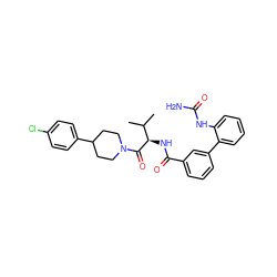 CC(C)[C@@H](NC(=O)c1cccc(-c2ccccc2NC(N)=O)c1)C(=O)N1CCC(c2ccc(Cl)cc2)CC1 ZINC000096272185