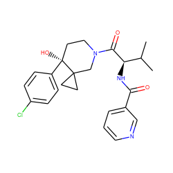 CC(C)[C@@H](NC(=O)c1cccnc1)C(=O)N1CC[C@](O)(c2ccc(Cl)cc2)C2(CC2)C1 ZINC000096272191