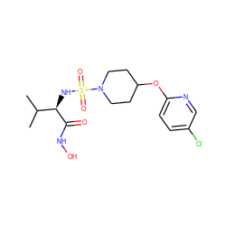 CC(C)[C@@H](NS(=O)(=O)N1CCC(Oc2ccc(Cl)cn2)CC1)C(=O)NO ZINC000013561014