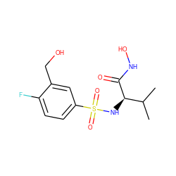 CC(C)[C@@H](NS(=O)(=O)c1ccc(F)c(CO)c1)C(=O)NO ZINC000014946074