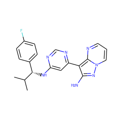 CC(C)[C@@H](Nc1cc(-c2c(N)nn3cccnc23)ncn1)c1ccc(F)cc1 ZINC000045255164