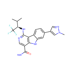 CC(C)[C@@H](Nc1ncc(C(N)=O)c2[nH]c3cc(-c4cnn(C)c4)ccc3c12)C(F)(F)F ZINC000072125713