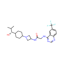 CC(C)[C@@H](O)C1CCC(N2CC(NC(=O)CNc3ncnc4ccc(C(F)(F)F)cc34)C2)CC1 ZINC000149157300