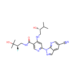 CC(C)[C@@H](O)CNc1cc(-n2ncc3cc(C#N)cnc32)ncc1C(=O)NC[C@@H](F)C(C)(C)O ZINC001772641742